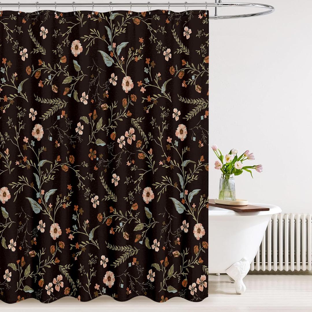 Tititex Boho Rustic Floral Black 140 GSM Faux Linen Shower Curtain, Vintage Morris Watercolor Green Leaves Plant with Red Florals Print Bathroom Decoration Shower Curtain Sets 71x73 in with Hooks