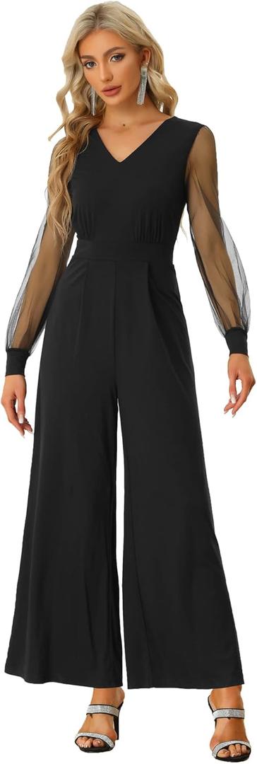 Allegra K Women's Elegant V Neck Mesh Long Sleeve Loose Wide Leg Romper Party Jumpsuits (Large)