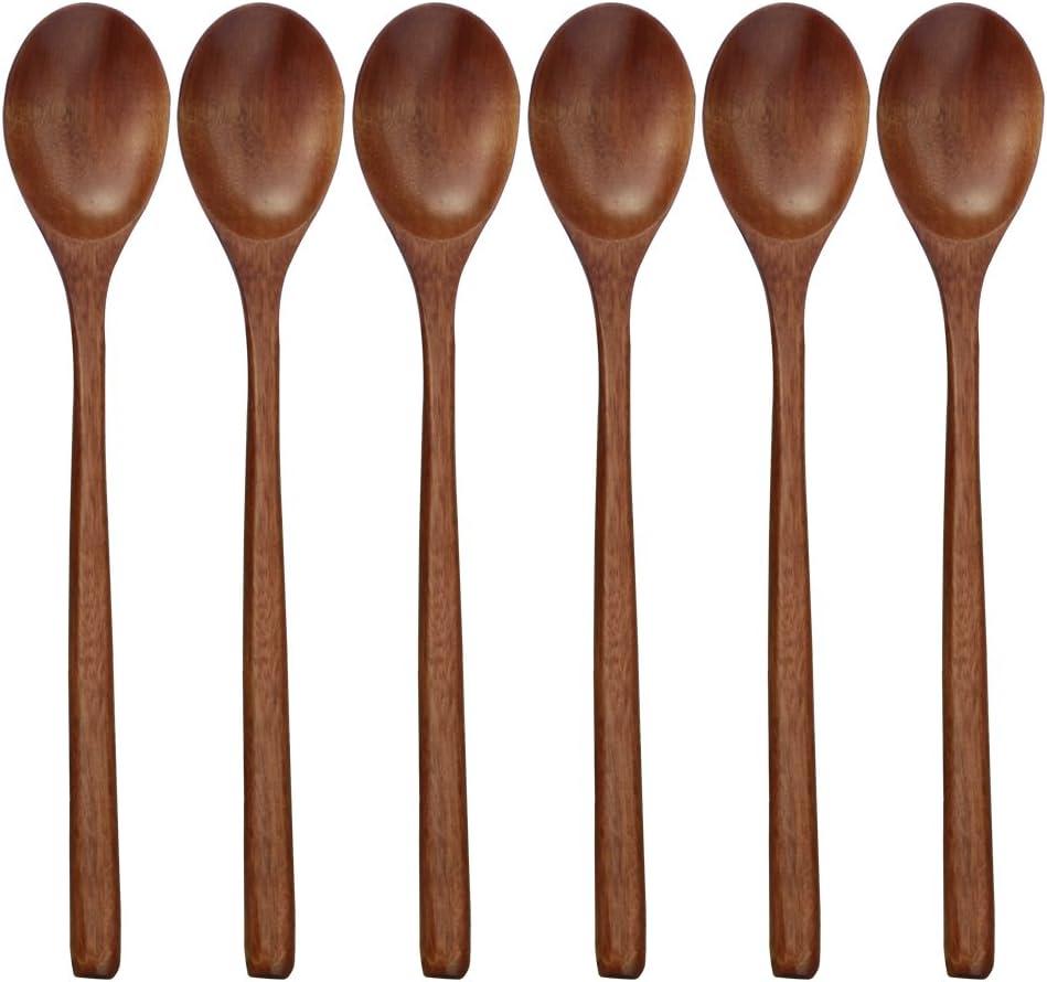 Wooden Spoons, 6 Pieces 9 Inch Wood Soup Spoons for Eating Mixing Stirring, Wood Spoon with Japanese Style Kitchen Utensil (Brown)