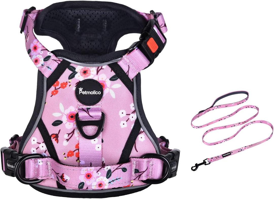 Petmolico No Pull Dog Harness and Leash Set, No Choke 4 Leash Attchments Easy Control Handle Soft Padded Reflective Vest Dog Harness for Medium Dog Breed, Pink Plum, Medium