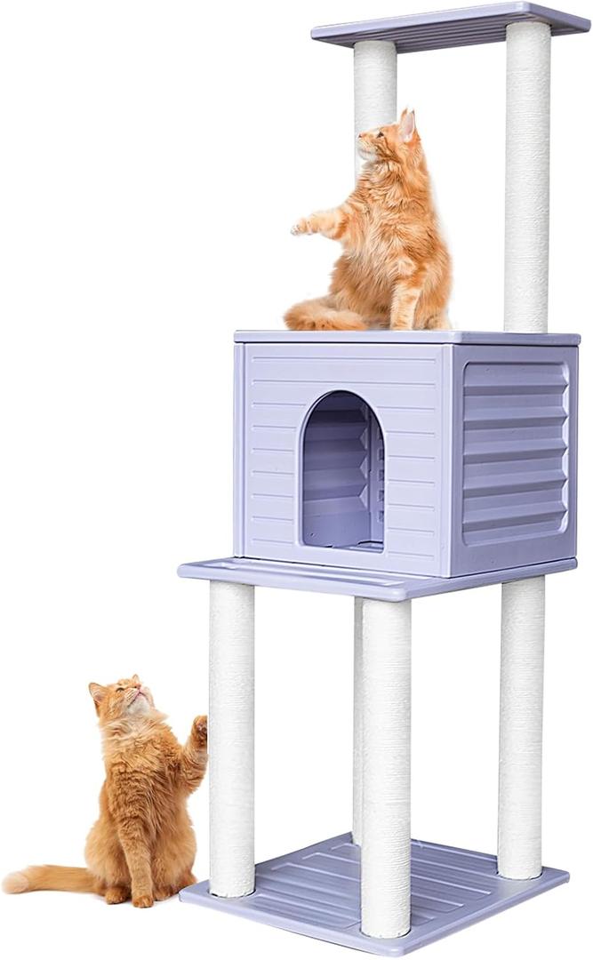 61.5 Indoor and Outdoor Cat Tree Tower, Cat House for Outdoor Cats, Weatherproof Large Cat Condo with Scratching Posts for Catio