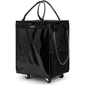 (Medium,Black) Reusable Grocery Bag on Wheels, 70L Foldable Rolling Tote, Carries Up to 66 lbs Shopping Trolley, Zipper Clouser Shopping Carts for Trips, Laundry, 4 Heavy Duty Wheels and 3 Handles