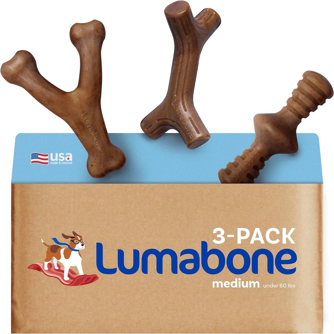 Lumabone Real Bacon Medium 3-Pack Durable Dog Chew Toys for Aggressive Chewers, Made in USA  Wishbone, Zaggler, Stick