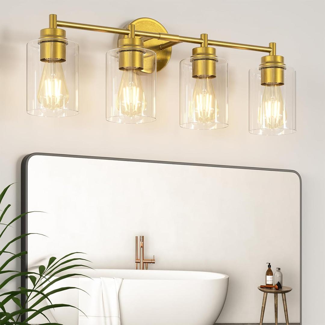 ChangM Bathroom Vanity Light Fixtures 4-Light, Brushed Gold Bathroom Light Fixture Over Mirror with Clear Glass Shade, Bathroom Wall Sconce Lamp for Living Room Porch Hallway(Not Incloud Bulb)