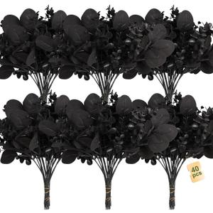 ZeKonan 40 Pcs Artificial Black Eucalyptus Stems, Fake Eucalyptus Leaves Branches Bouquet for Flower Arrangement DIY, Black Silk Flowers for Home Halloween Farmhouse Decor