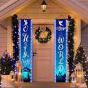 2 Pcs Holy Night Christmas Nativity Porch Sign Religious Blue Jesus Nativity Banner with LED String Lights for Winter Christmas Front Door Porch Yard Decorations 12 x 71 Inch