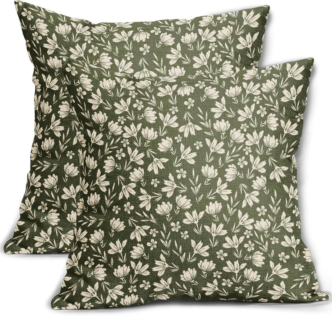 Olive Green Pillow Covers 20x20 Set of 2 Vintage Floral Rustic Old Style Cute Flower Print Decorative Outdoor Pillowcases Seasonal Farmhouse Throw Cushion Case Decor for Couch Sofa Bed