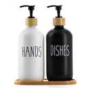 16Oz Black & White Glass Soap Dispenser with Bamboo Tray, Reusable for Hand and Dish Soap, Farmhouse Decor for Kitchen & Bathroom (2 Pack)