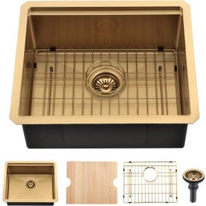 Gold Undermount Bar Sink, 21 x 18 Inch Small Wet Bar Undermount Kitchen Sink Workstation 16 Gauge Stainless Steel Single Bowl Basin, 21"x18"x9"