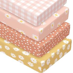 Peryiter Pack of 3 Crib Sheets Girl Soft Baby Bed Sheet Set 52'' x 28" Nursery Crib Sheets for Standard Bed for Nursery Decor Baby Boys or Girls (Yellow, Daisy)