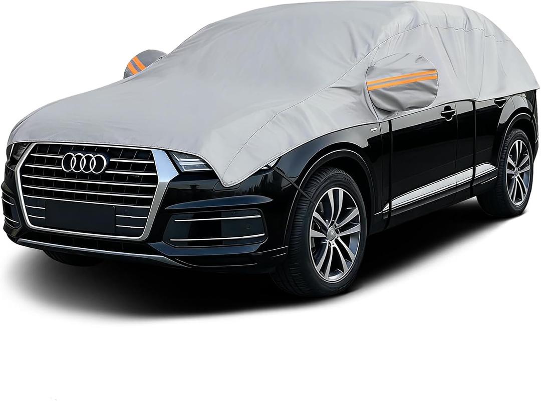 Half Car Cover for SUV M, Heavy Duty Roof & Windshield Top Cover with Cotton Liner, All Weather Half Cover Shield Against Hail, Snow, Sun, Rain and Scratches, Fits Most M Size SUVs