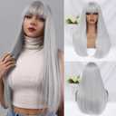 Gray White Wig with Bangs for Women 24 Inch Long Straight silver Wigs Synthetic Heat Resistant Wig for Daily Party Use
