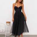 Womens Sweetheart Neck Belted A-line Mesh Midi Dress Spaghetti Strap Backless Tulle Prom Party Dress (Black, XL)