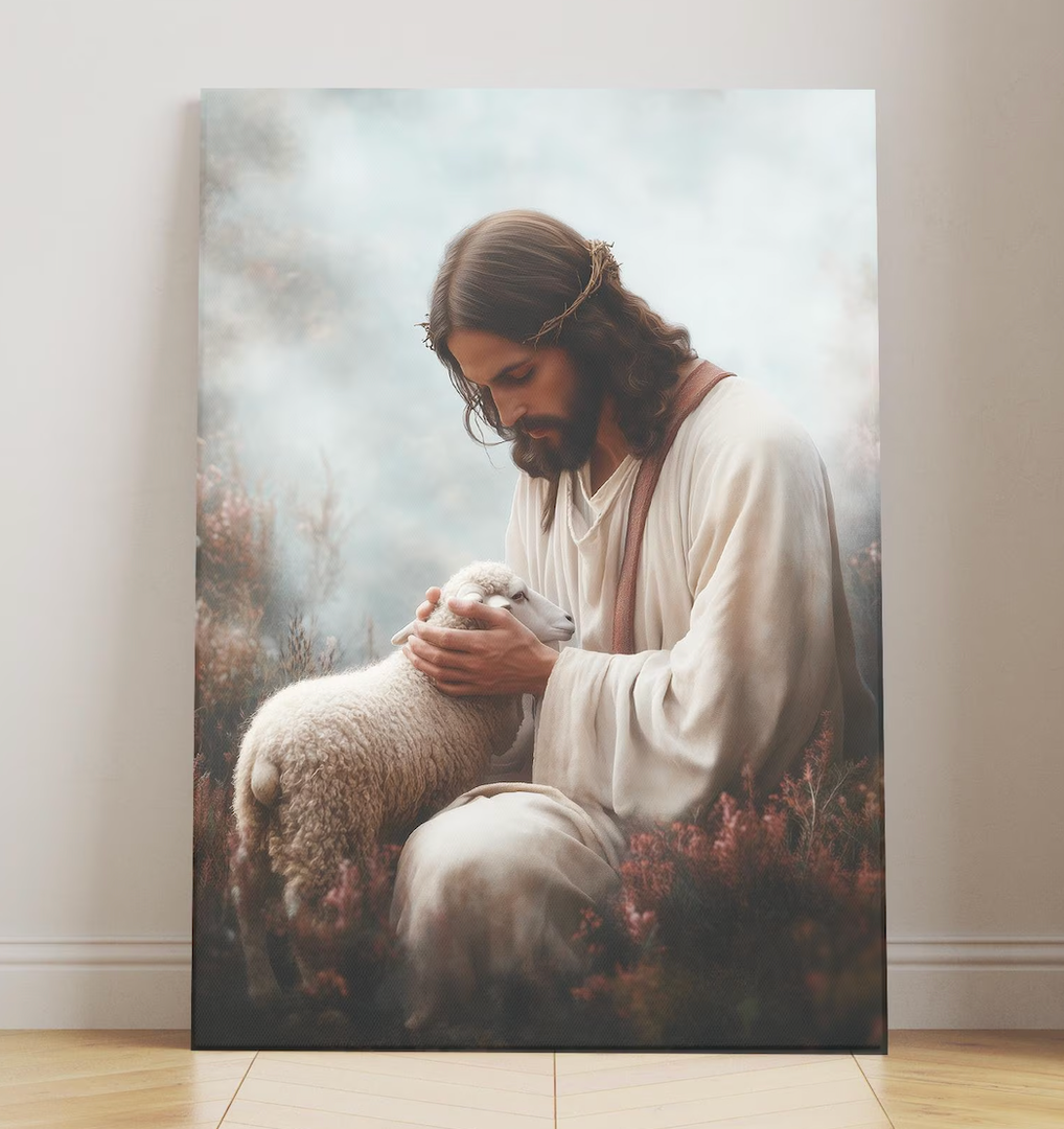 Jesus as the Good Shepherd, Jesus and His Sheep, Christian Digital Poster, Faith-Based Wall Art, Bible Verse Decor, Spiritual Home Artwork