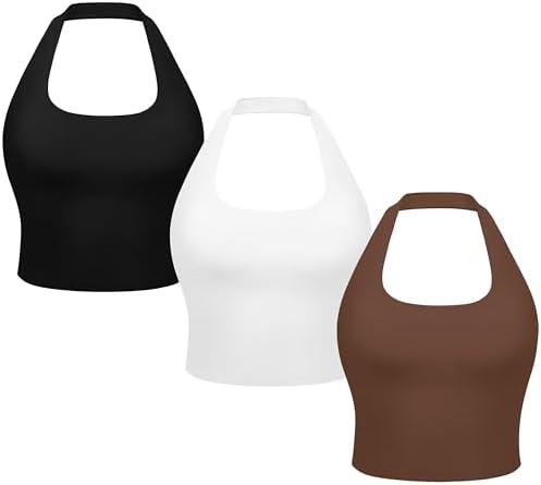3-Pack Halter Longline Sports Bras for Women - Padded Workout Yoga Crop Tops Tanks Camisole, S