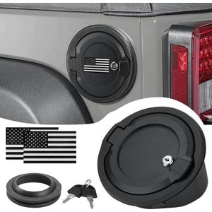 Locking Fuel Filler Door Cap Black Lock Gas Cover Cap Compatible with Jeep Wrangler 2018-2024 JL & JLU 2 door and 4 door & US Flag Sticker Accessories