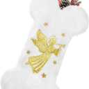 Yoochee Pet Dog Christmas Socks, Snowy White Plush Large Bone Shaped Dog Christmas Socks Printed with Elegant Angel Embroidery, Hanging Christmas Holiday Fireplace Party Christmas Decor