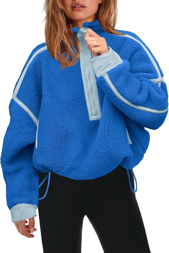 Panadila Womens Half Zip Sherpa Fleece Pullover Soft Oversized Sweatshirt with Pockets Warm Fuzzy Sweater (Medium, Bright Blue)