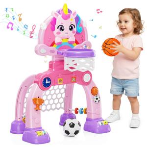 Nasominako Unicorn Toddler Basketball Hoop & Soccer Goal with Light & Music, 2-in-1 Sports Toy for 1-3 Year Old Boys & Girls, Toys for 1+ Year Old Girls, Birthday for Baby Kids