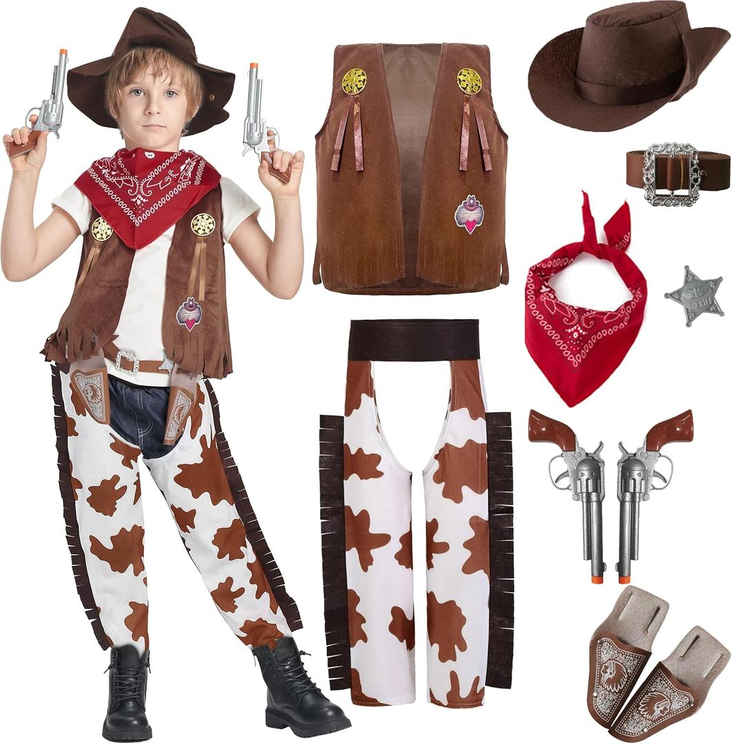 IKALI Kids Boys Cowboy Costume, West Boy Sheriff Outfit with Hat Accessories Halloween 3-10Y (4-6Y, Brown)