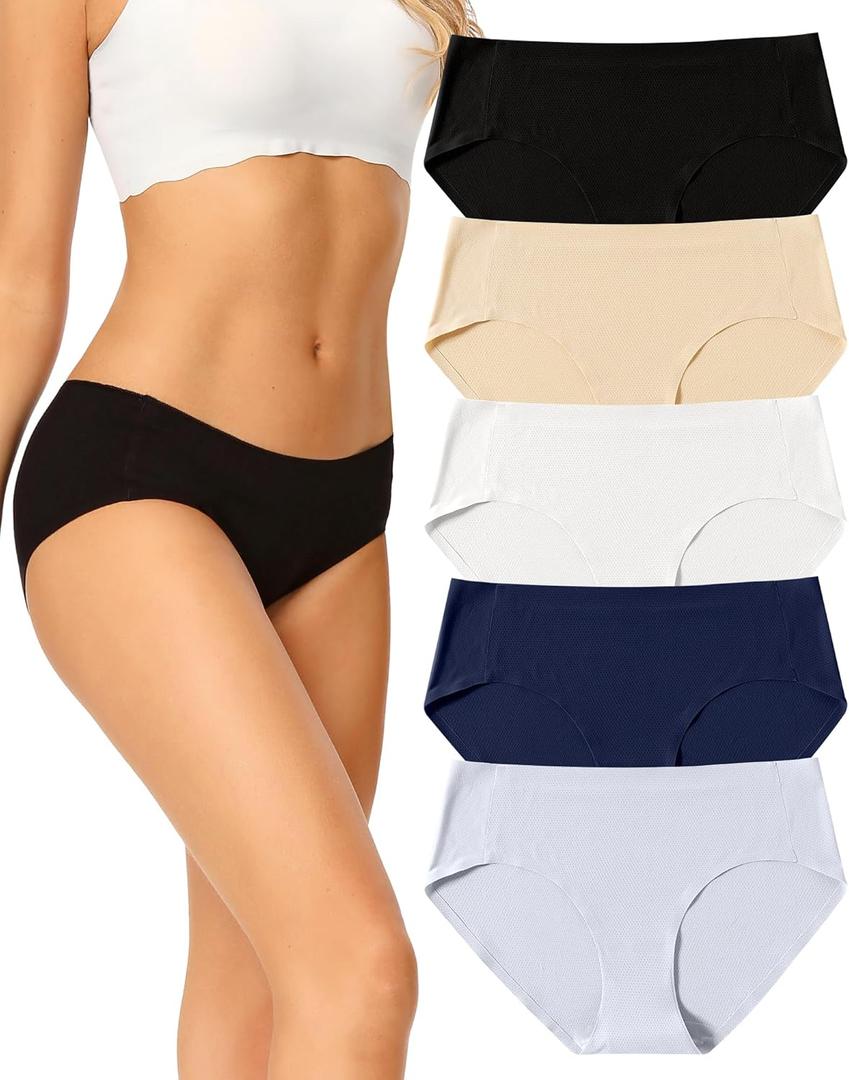 Voenxe Women Seamless Hipster Underwear,No Show Ladies Panties Bikini,Full Coverage Breathable Briefs,Comfy,Invisible,5-Pack, Medium