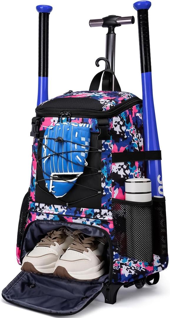 Rolling Baseball Bag Wheeled Softball bag for Adult,Baseball bag with Fence Hook forTeeball Gear,Batting Mitten,Helmet,Bat bag with Shoe Compartment (Pink)