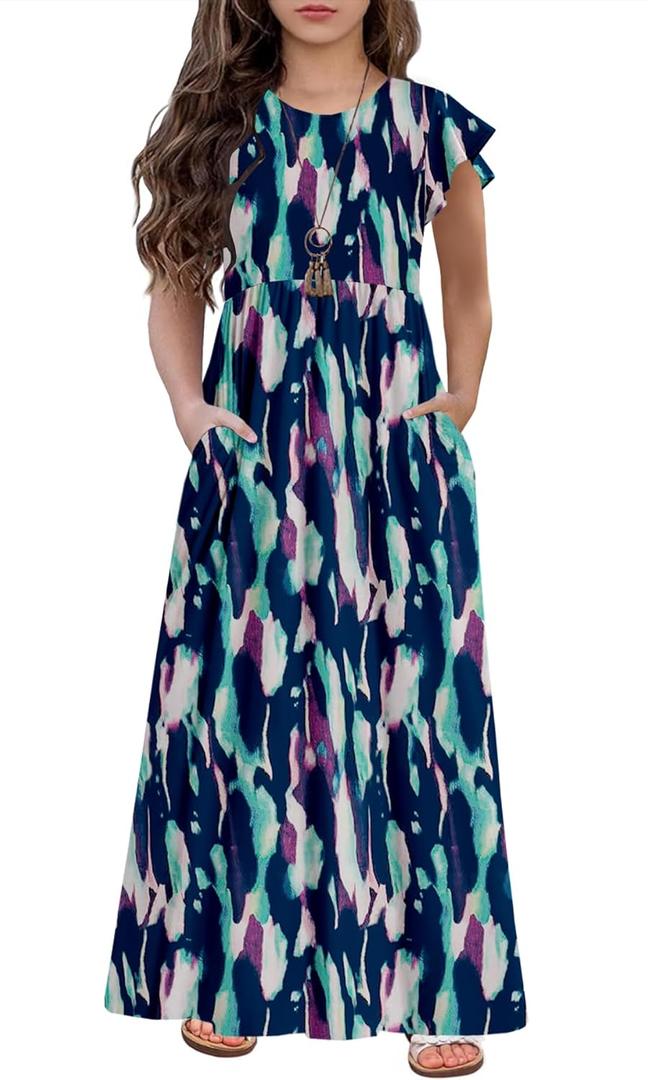 HOSIKA Girls Floral Maxi Dress Boho Ruffle Sleeve Pleated Casual A-line Swing Dresses with Pockets 6-12 Years (Multicolor)