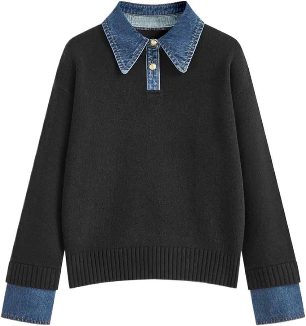 hathne Women's Oversized Polo Sweater Button Up Denim Lapel Pullover Sweater Long Sleeve Collared Knit Top (Large, Black)