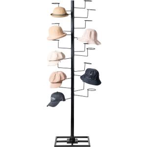 MyGift Modern Freestanding Hat Rack Organizer, 360 Degree Rotating Cowboy Hat Display Stand with 20 Customizable Circular Hooks, Black Metal