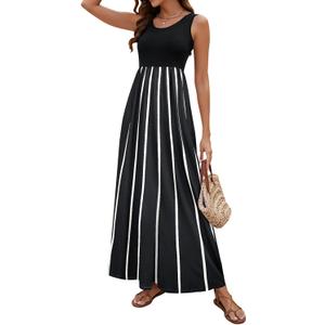 Sherosa Women Boho Chevron Striped Floral Printed Summer Sleeveless Tank Long Maxi Party Dress (Small)