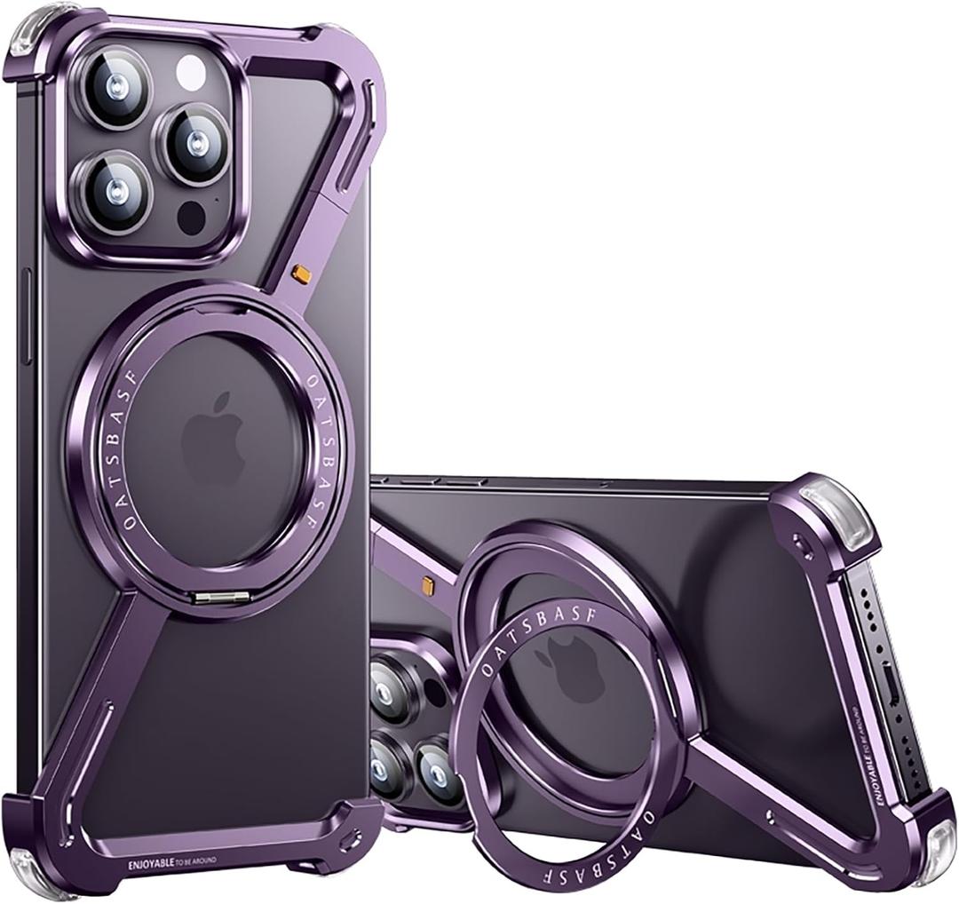 OATSBASF Minimalist Phone Case Compatible with iPhone 14 Pro 6.1", 360 Rotation Kickstand Aluminum Metal Frameless Design Bumper Z Case, Protective Shock Grade Shell, Purple