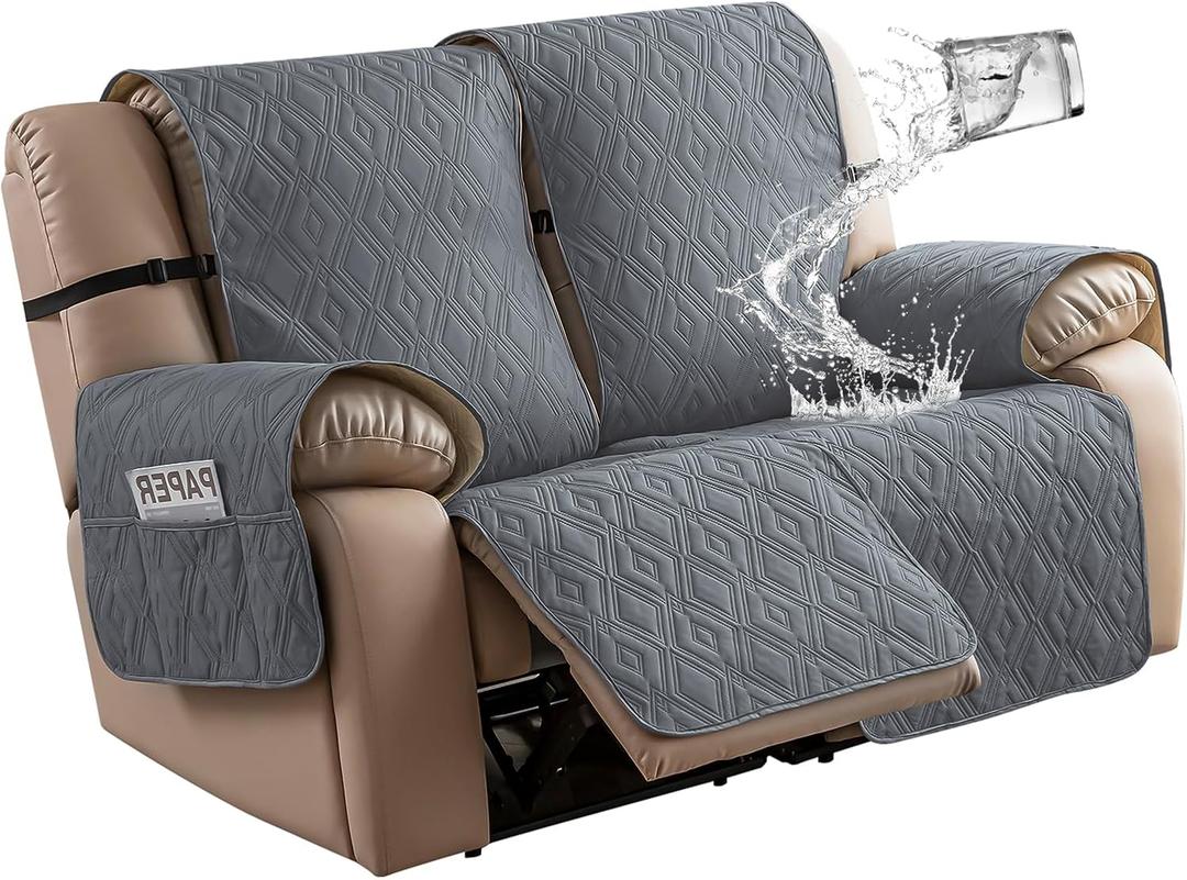 Genina Loveseat Recliner Cover Non-Slip, Sofa Cover for Reclining Couch 2 Seat, Loveseat Covers Double Recliner Furniture Protector Cover with Elastic Straps for Pets (Dark Gray, Recliner Loveseat)