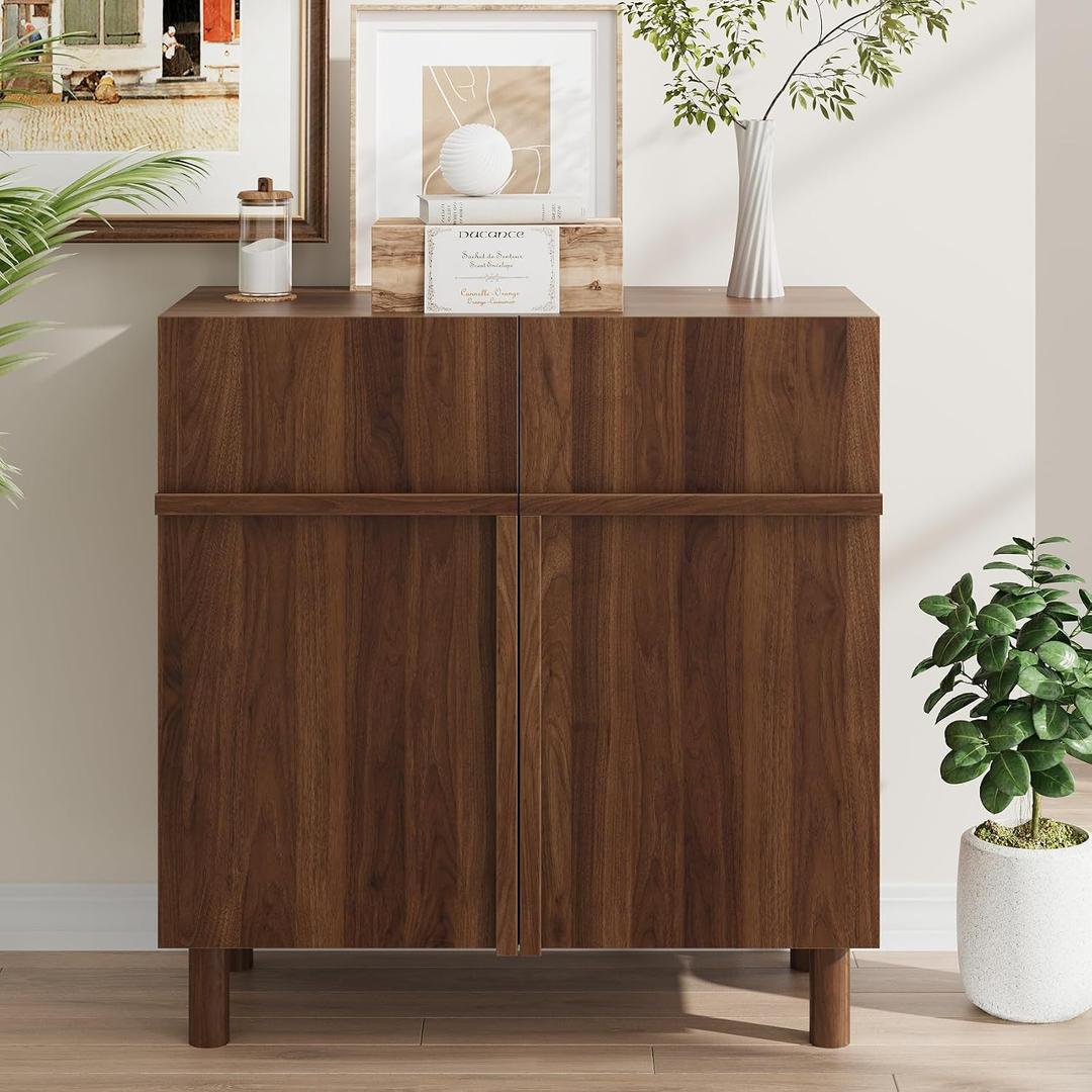 Kiasthome Buffet Cabinet with Door, Sideboard Storage Cabinet Adjustable with Shelf, Modern Wooden Accent Cabinet for Dining Room & Living Space (Scandinavian Minimalist, Walnut)