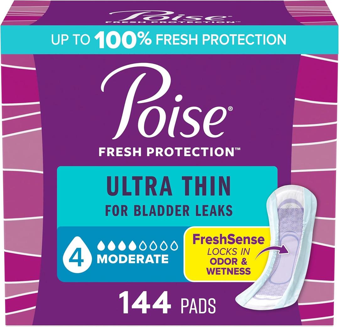 Poise Ultra Thin Incontinence Pads & Postpartum Pads for Bladder Leaks, 4 Drop Moderate Absorbency, Regular Length, 144 Count, 