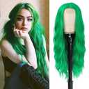 Green Wavy Wig - Long Natural Curly Synthetic Wig, 26 inch, Heat Resistant, Middle Part, For Daily Party Use
