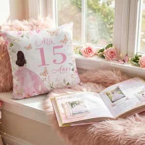 Kathfly Cojines para 15 Años De Quinceañera Decoration 16 x 16 Inche Pink Quinceañera Pillow Gifts Mis Xv Años Throw Pillow Sweet for Daughter Sister Friend 15th Birthday Gifts