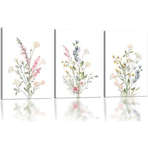 Floral Wall Art Set of 3, Framed Watercolor Retro Flowers Canvas Paintings, Minimalist Rustic Country Decor for Living room, office, bedroom, hallway– 16x24 Inch Each, Ready to Hang