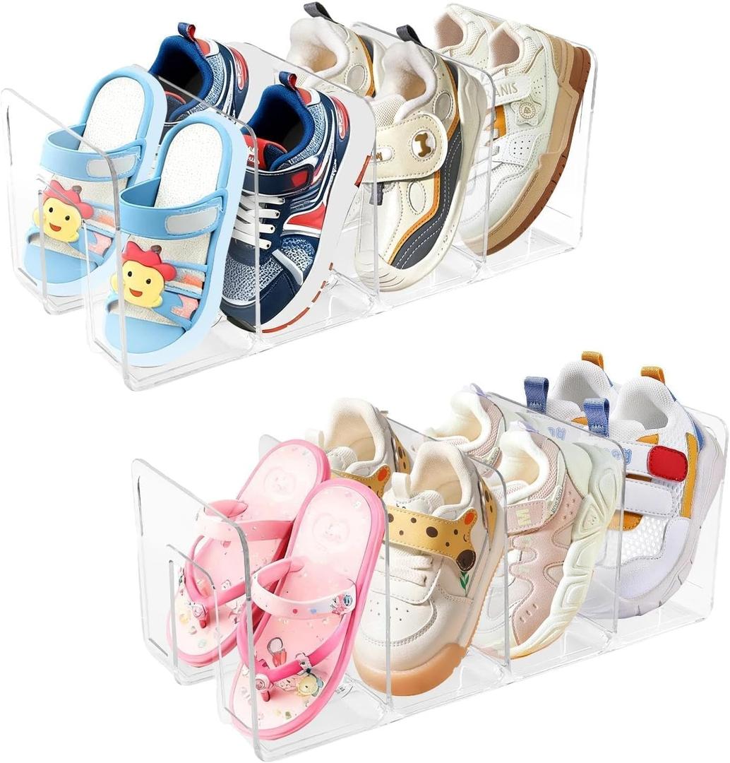 2 Pack Kids Shoe Storage, 4 Sections Toddler Shoe Organizer Clear Acrylic Shoe Rack for Closet, Space Saving Baby Shoe Organizer for Nursery, Children Room, Stackable