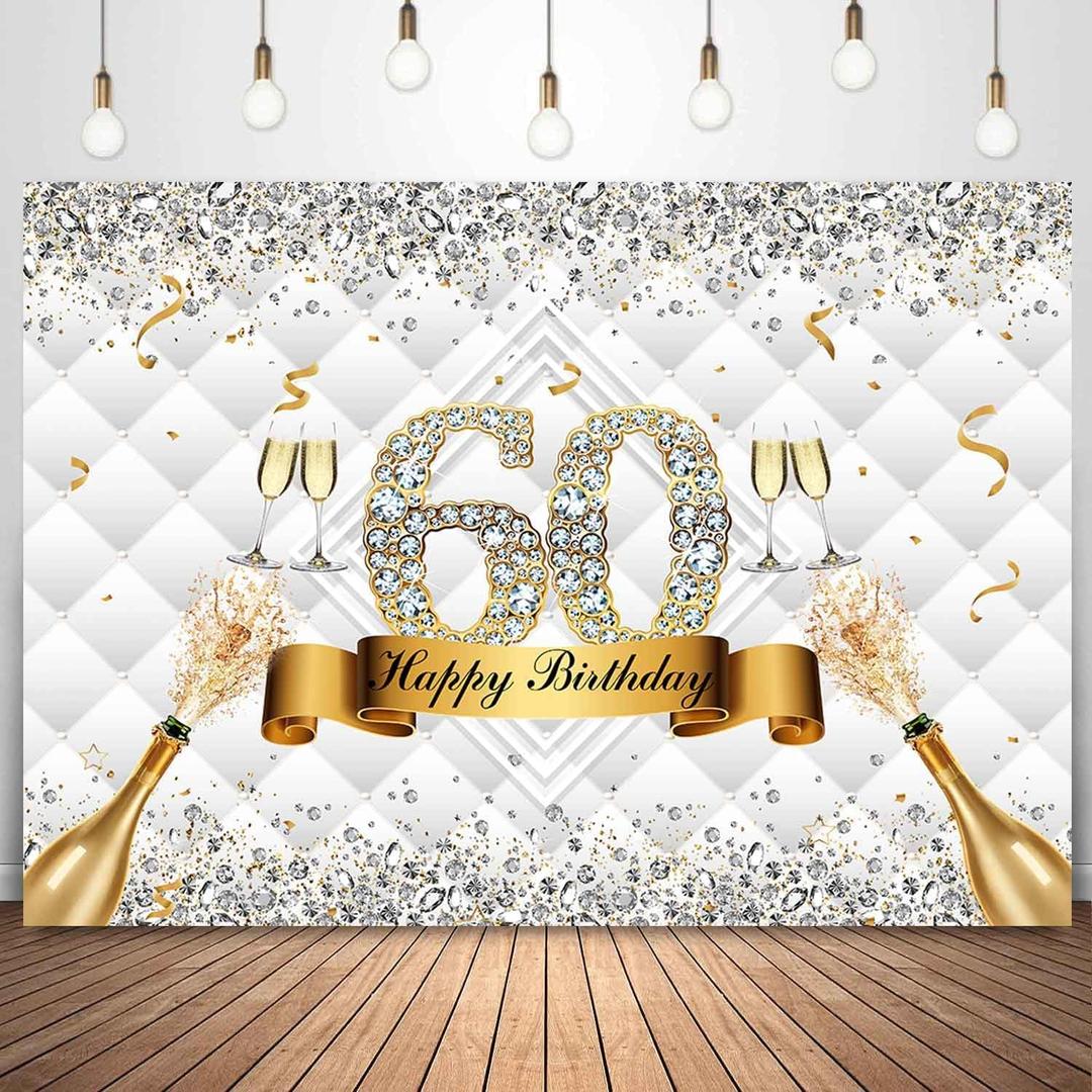 Sensfun Happy 60th Birthday Backdrop White Gold Silver Diamond Luxury Photography Background for Women Fabulous 60th Birthday Party Decorations Banner Champagne Sixty Years Old Photo Booth 7x5ft