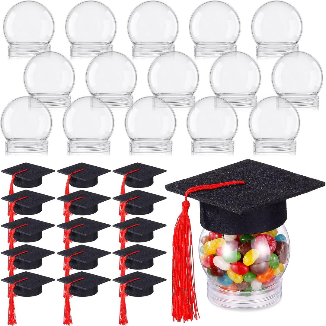 SiliFine 16 Set 2.36 Inch 2026 Mini Graduation Cap Candy Balls Jars, Graduation Party Favors, Clear Plastic Candy Containers with Tassels, Grad Cap Box for DIY, Graduations Party Gifts(Red)