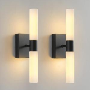 KUZZULL Wall Sconces Set of Two Matte Black Modern Bathroom Sconces Lighting Set of 2 Frosted Glass Shade Indoor Wall Lamp Wall Mounted Lights Metal Wall Light Fixtures for Living Room Stairs