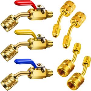 Mudder 7 Pcs Air Conditioning Refrigerant Compact Ball Valve 1/4 Inch for R410A R134A R12 R22 HVAC Adapter 5/16Inch Female to 1/4Inch Male(Gold,3 Angle Ball Valve, 4 Angle Adapter)