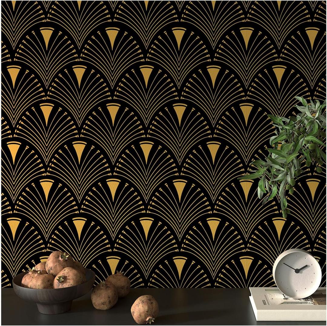Black and Gold Wallpaper Peel and Stick Modern 17.3" X 78.8" Contact Paper for Cabinets Self Adhesive Removable Wallpaper for Bedroom Art Deco Wallpapers Geometric Waterproof Vinyl Rolls