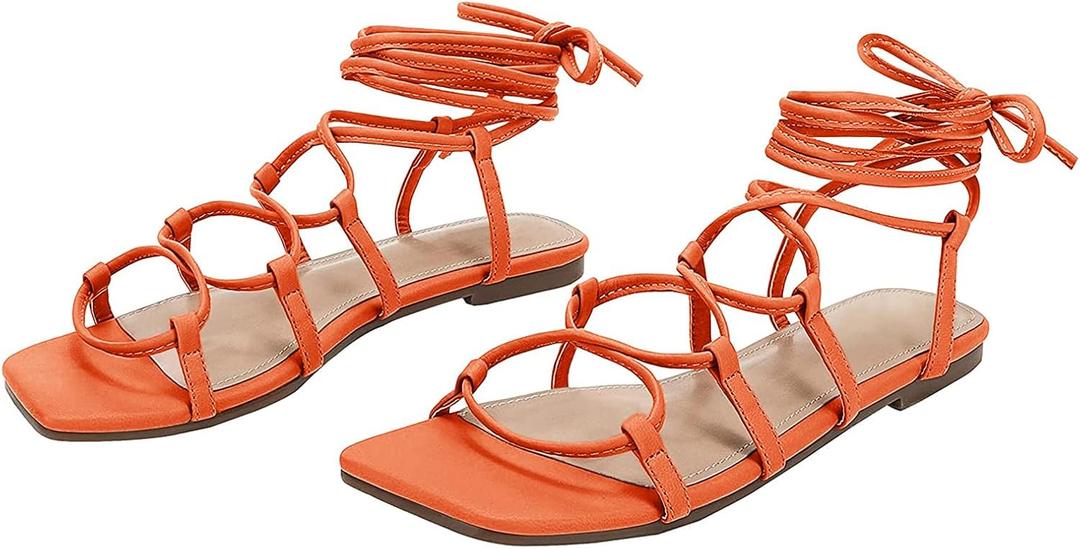 PiePieBuy Womens Lace up Square Toes Flat Sandals with Ankle Strap Summer Criss-Cross Gladiator Shoes (7.5, 1-snake Print)