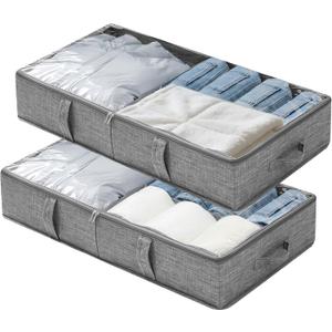 Foldable Underbed Bags 2 Pack, Large Under Bed Storage Organizer Box with Handle for Organizing Clothes, Shoes, Pillows, Grey