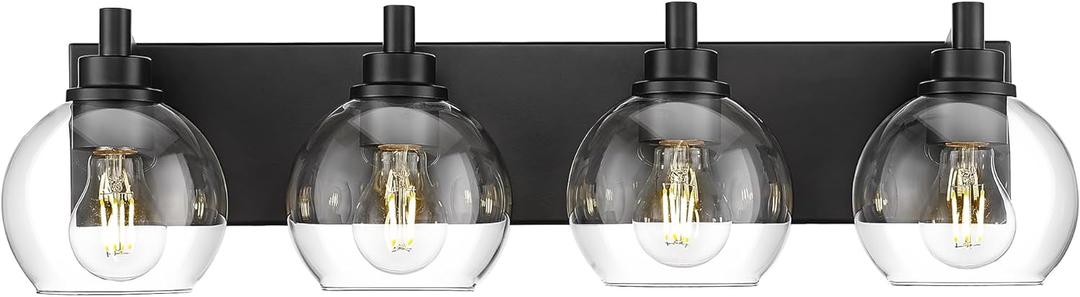 Bathroom Light Fixtures, 4 Light Matte Black Vanity Light, 26 Inch Modern Wall Sconces with Globe Clear Glass Shade, Vanity Lighting Fixtures Over Mirror, VL195-MB-CL-4