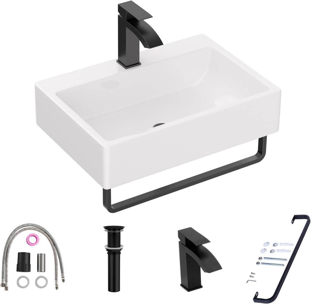 Lordear 21 x 14 Inch Wall Mounted Bathroom Sink with Towel Rack Modern White Wall Hung Sink for Small Bathrooms, Rectangular One Hole Porcelain Vanity Sinks