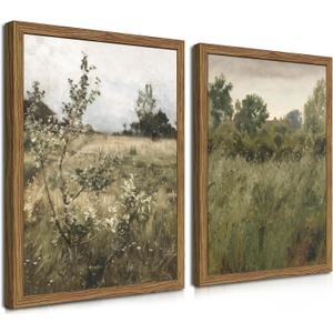 Vintage Landscape Wall Art Set of 2, Green Natural Wilderness Farmhouse Canvas Wall Decor Paintings, Retro Country Wildflower Oil Pictures Posters Prints for Living Room Bedroom 16x24 Inch Wood Framed