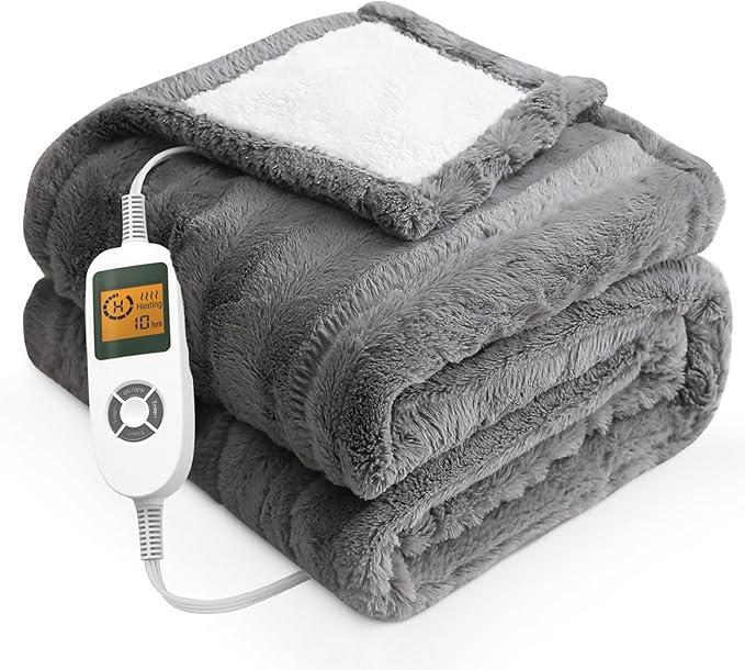  Electric Heated Blanket Throw with 1-10hrs Timer Auto-Off & 10 Heating Levels, Faux Fur & Sherpa Heating Blanket with ETL Certified, Machine Washable (50”x60”, Grey)