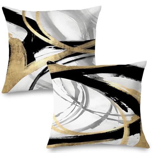 Supwhd Black White and Gold Pillow Covers, Abstract Black and Gold Pillow Covers 18x18 Set of 2, Modern Boho Home Decor, Black and Gold Decorative Throw Pillows Cover for Couch Living Room Bedroom